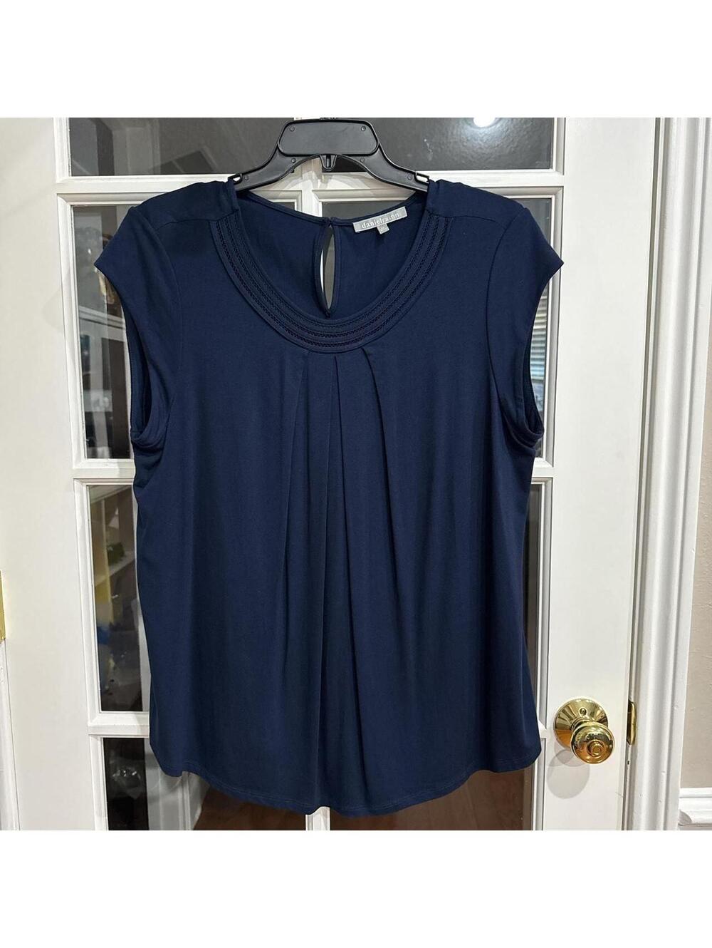 Daniel Rainn Navy Blue Pleated Neckline Cap Sleeve Blouse - Size 2X